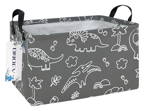 Rectangular Fabric Storage Bin, Foldable Line Dinosaur print Basket | Damp-proof canvas with reinforced stitched handles.Great for clothes,books and sundries in closets,playrooms,laundry rooms. - color: REC Gray Line Dinosaur