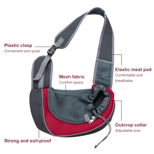 Pet Sling Carrier for Small Dogs & Cats, Hands-Free Dog Travel Bag with Adjustable Padded Strap, Breathable Mesh Puppy Carrier with Safety Hook & Zipper Pocket, Ideal for Kittens, Rabbits, Small Pets