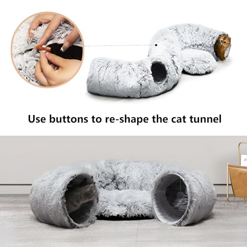 Cat Tunnel Bed for Indoor Cats with Washable Cushion Cat Cave Donut Tunnel with Fluffy Ball Big Round Tube Pet Playground Toys Soft Plush Peekaboo for Kitten, Cat, Puppy, Rabbit, Ferret - color: Grey