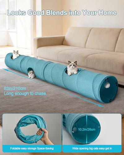 Cat Tunnel, 3 Straight Shaped Tunnels 6 DIY Shapes with Wand Toys, No Noise Scratch Resistant Cool Linen Fabric, Interactive Pet Tunnel Tube for Indoor Cats, Puppy and Rabbits - color: Blue