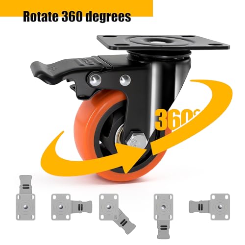 QNCZ 3 Inch Heavy Duty Caster Wheel with Dual Brake,Silent,Orange,Set of 4 | Easy to Install, Efficient operation, convenient braking,Silent, Floor friendly,Widely Applied for Cart,Furniture,Workbench - color: Orange, size: 3 IN