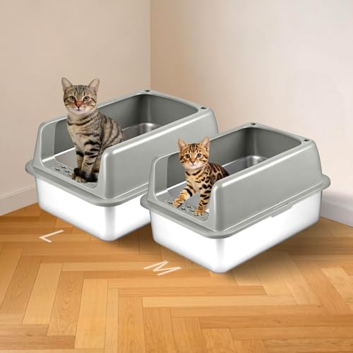 Kirecoo 2 Pack Medium Semi-Enclosed Stainless Steel Cat Litter Box with Lid | Scoop Included, Sturdy Metal Box, Anti-Leakage, Odor Free, Easy to Clean, For Cats Kittens & Bunnies, Multi-Cat Friendly - size: Medium