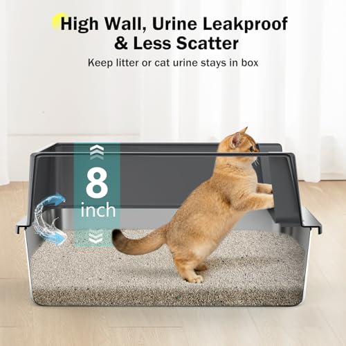 Stainless Steel Cat Litter Box with Lid, High-Sided Metal Litter Pan for Small Cats, Kitty Litter Box, Non-Stick & Odor-Resistant, Anti-Urine Leakage, Easy to Clean, Scoop Included - color: Dark Grey, size: S