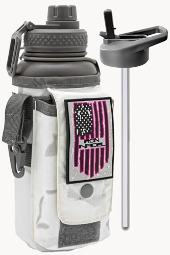 Iron Infidel Battle Bottle - 32 Oz Insulated Water Bottle with Straw Lid & Chug Cap, Stainless Steel Metal Flask Includes Rugged, Removable Sleeve for Keys, Wallet, & Phone (Arctic Camo 1 Liter) - color: 32oz - Arctic Camo, size: 32 Ounces