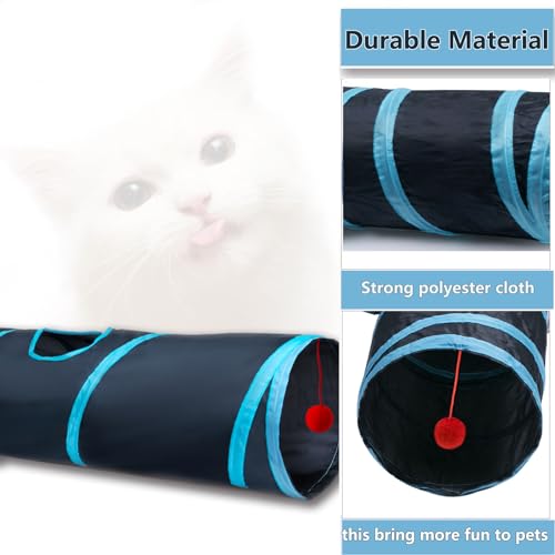 Cat Tunnel Tube Toys，Tunnels for Indoor Cats, 2 Way Foldable | Interactive Pet Crinkle Pop Up Tunnel with Balls Peek Hole Hideaway for Rabbits, Kittens, Ferrets, Puppy Playing & Exploring - color: 2 Way Black Blue