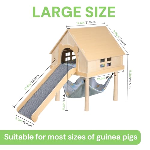 Guinea Pig Hideout- Wooden Guinea Pig Toys with Stairs and Mat & Hammock, Detachable Double-Decker House for Small Animal Toys for Hiding Sleeping Activities