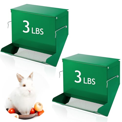 2 Pcs Rabbit Feeder for Cages Small Animal Food Pellet Dispenser with Lid Metal Chicken Grit Oyster Shell Squirrel Feeders Outside(7.7 Inches,Mesh Bottom,Green) - color: Green, size: 7.7 Inches, style: Mesh Bottom