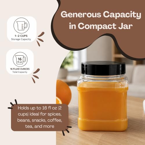 Pride Of India Clear Food Grade PET Plastic Square Grip Storage Jar w/Cap | 16 Fluid Ounces (1-2 Cup Storage Capacity) | BPA Free USA Made - size: Small Grip Jar & Cap