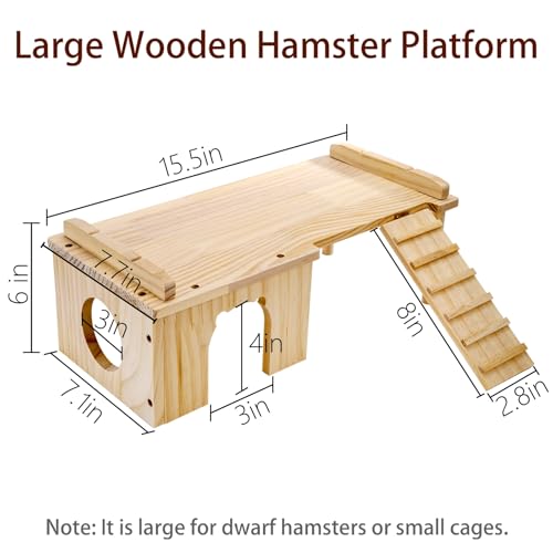Hacaroa Wooden Hamster Hideout with Ladder, Large Hamster Platform Guinea Pig Hide Play House, Small Animals Climbing Toy Chinchillas Cage Accessories for Syrian Hamsters, Rats, Gerbils