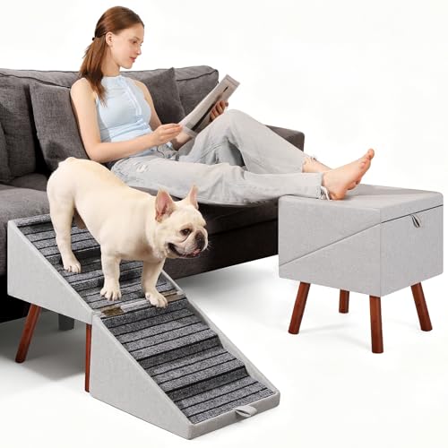 2-in-1 Foldable Ottoman Dog Ramp for Couch(6-Steps) | Convertible Folding Dog Stairs for Couch and Bed,Non-Slip Wooden Pet Stairs for Puppy Senior Injured Dogs - size: 6-STEPS