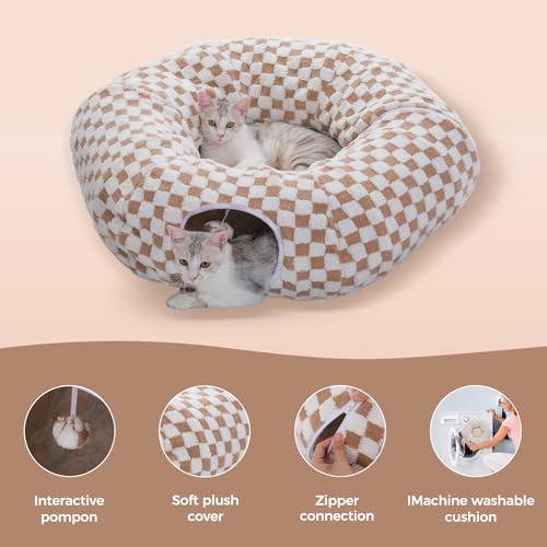 PEQULTI Brown Donut Cat Tunnel Bed Washable Plush Mat Multi for Small Pets | Round play tube with soft detachable plush mat, multi-pet toy fit indoor cats, kittens, puppies, rabbits and ferrets - color: Brown
