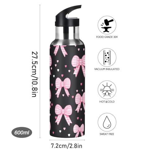Pink Bow Heart Water Bottle Girls Stainless Steel Bottle with Straw Lid | Kids Leak Proof Boys Girls Insulated Tumbler Cup for School 20 oz - color: Multi10