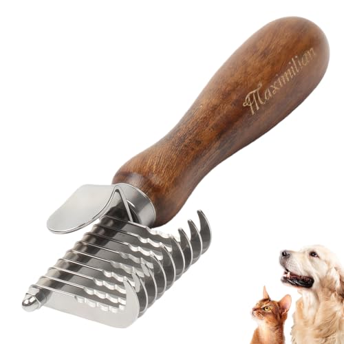 Dog Dematting Comb with Wooden Handle Undercoat Rake for Dogs | Stainless Steel Blades,Dog Dematting Rake,Pet Dematting Tool for Long Haired Dogs&Cats,Remove Loose Hair Mats Knots Tangles