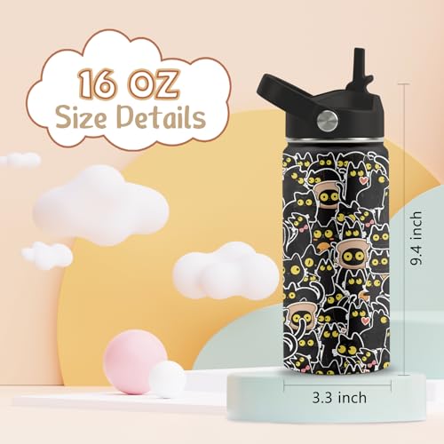 Cat Gifts for Boys Girls, 16 oz Water Bottle with Straw Lid, Stainless Steel Insulated Tumbler, Cute Cats Water Bottle for Cats Lovers, Black Cat Cup Gifts for Birthday Christma (1pcs) - color: Cats