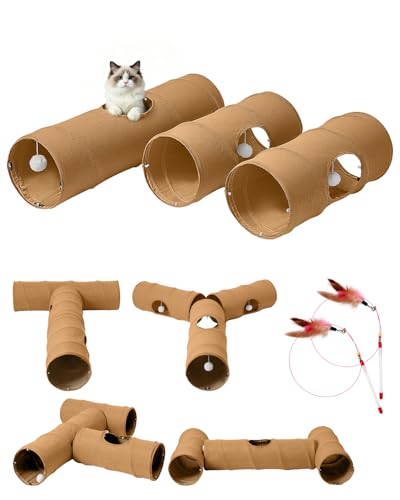 Cat Tunnel, 3 Straight Shaped Tunnels 6 DIY Shapes with Wand Toys, No Noise Scratch Resistant Cool Linen Fabric, Interactive Pet Tunnel Tube for Indoor Cats, Puppy and Rabbits - color: Brown