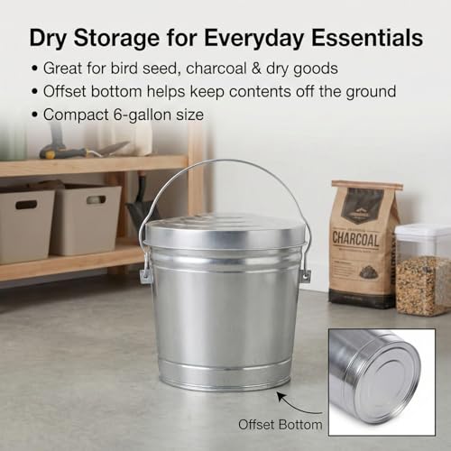 Galvanized Steel Locking Lid Trash Can - 6-Gallon Rodent-Proof Outdoor Storage Bin with Weather-Resistant Lid, Pet Food, Bird Seed, Charcoal Storage, Heavy Duty Metal Can