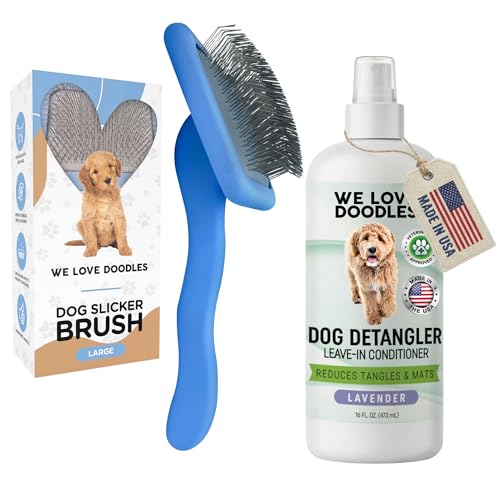 Large Slicker Brush & Lavender Detangler Spray Pack, Dog Grooming at Home | Best Brush For Long Haired Dogs, Dematting Comb & Detangling Spray For Goldendoodle Coats, Puppy Matting Grooming Supplies - size: Large Slicker & Detangler