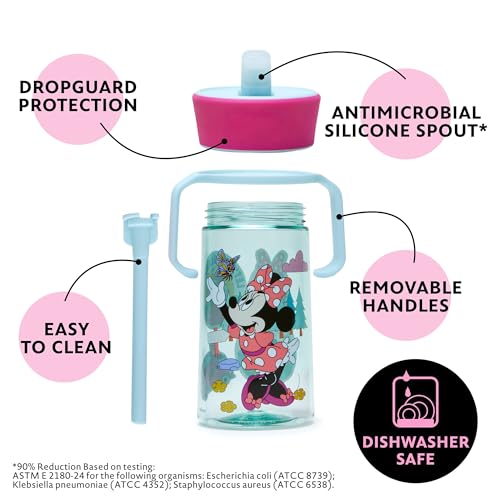 The First Years Disney Minnie Mouse Pop Up Toddler Straw Cup - Dishwasher Safe Toddler Water Bottle with Spout - Transition Sippy Cups for Toddlers - 14 Oz - Ages 12 Months and Up