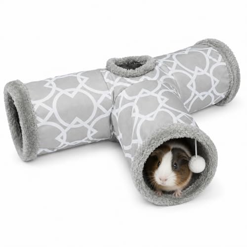 Plush Inside 3-Way Shape Small Animals Tube Tunnel with Interactive Ball for Guinea Pig, Hamster, Chinchilla, Hedgehog Hiding and Resting, Geometric Grey - size: L