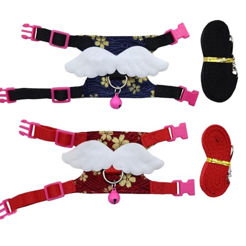 2 Pack Angel Wings Harness and Leash Set for Small Pets, Adjustable Soft Vest with Bell, Safe Outdoor Walking Adventure Gear, for Guinea Pigs Ferrets Hedgehogs Hamsters - color: Red + Navy Blue