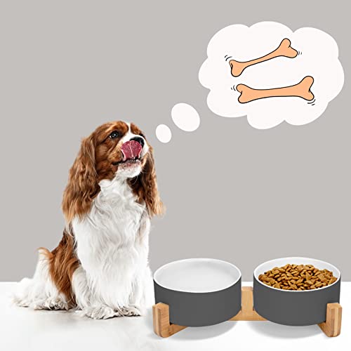 SPUNKYJUNKY Ceramic Dog and Cat Bowl Set with Wooden Stand, Modern Cute Weighted Food Water Set for Small Size Dogs (13.5OZ) & Medium Sized Dogs (28.7OZ) & Cats (3.6 Cups, 2 × White-Grey) - color: White-Grey × 2, size: 3.6 cups
