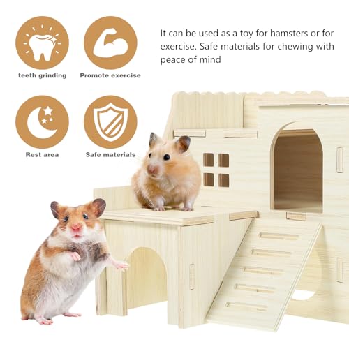 Hamster Toys 5-Piece Set ，Hamster House, Swing, Climbing Ladder, Seesaw & Exercise Wheel，Pet DIY Sport Exercise Toys Set, Small Animal Habitat Accessories ，Gerbils, Mice（Natural Wood） - color: BrownE