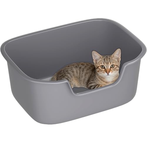 Large Open Cat Litter Box with High Sides, Anti-Splashing for Indoor Cats, Low Entry for Kittens & Elderly Cats, Spacious Litter Pan, Tool-Free Assembly(21.7” * 16.5” * 8.5” Grey) - color: Grey