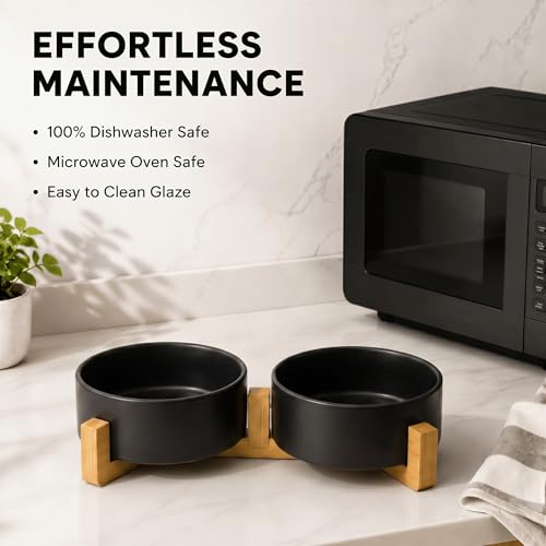 SPUNKYJUNKY Ceramic Dog and Cat Bowl Set with Wooden Stand, Modern Cute Weighted Food Water Set for Small Size Dogs (13.5OZ) & Medium Sized Dogs (28.7OZ) & Cats (1.7 Cups, 2 × Black) - color: Black × 2, size: 1.7 cups