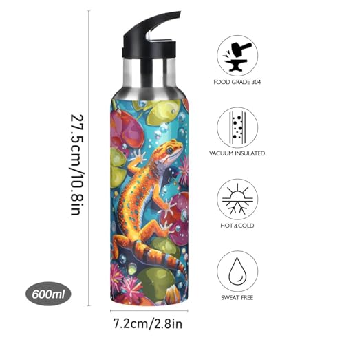 Colorful Lizard Water Bottle Kids Insulated Sports Vacuum Stainless Steel Mug with Straw Lid & Handle 20 oz - color: AB04