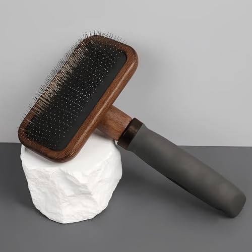 Premium Bamboo Slicker Brush for Dogs & Cats, Wooden Pet Grooming Brush with Soft Stainless Steel Pins & TPR Comfort Grip Handle, Removes Loose Hair, Mats & Tangles