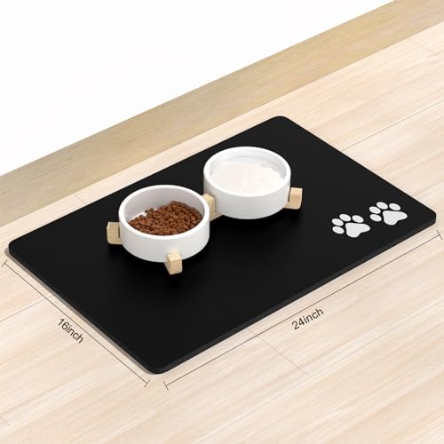 Rnivvi Dog Food Mat, 16" x 24" Footprint Absorbent Dog Cat Bowl Mat for Food and Water, Cute Anti-Slip Rubber Pet Feeding Rug Protect Floors, Puppy Placemat for Feeding & Watering Supplies, Black - color: A-Black Footprint, size: 16"L x 24"W