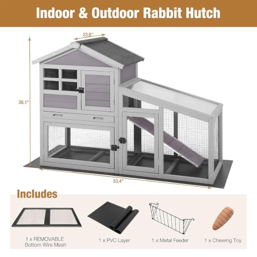GUTINNEEN Rabbit Hutch for Outdoor Indoor Use, Bunny Cage with PVC Layer and Bottom Wire Netting, Wooden Chicken Coop Rabbit House with UV Roof, Leakproof Tray, Run