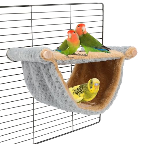 BWOGUE Bird Nest Bed Hanging Hammock, Parakeet Bed for Cage, Cockatiel Bed | Warm Fleece Snuggle Hut, Double-Layer Comfort, Wooden Perch Setup, Washable Hammock - color: Light Gray, size: Medium (9"x7.2")