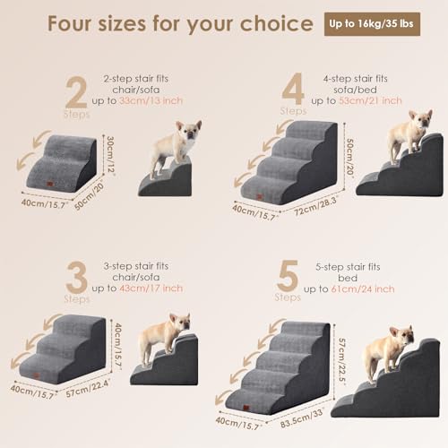 EHEYCIGA Curved Dog Stairs Ramp, 3-Step Dog Steps, 15.8" H Pet Step | 33D density of pure foam, for Small Dogs and Cats, Pet Stairs for High Bed Climbing, Non-Slip Balanced Pet Step Indoor, Grey