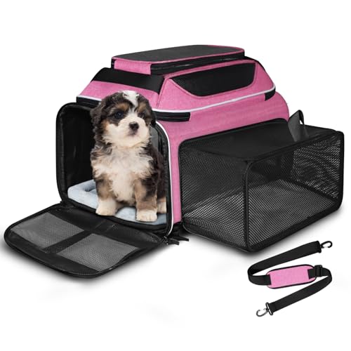 Top and Side Expandable Small Pet Carrier Airline Approved, Pink | 18"Lx11"Wx11"H, for Delta/United/American Airlines, Pets Under 10 Lbs, Lockable Zippers,Soft-Sided, Anti-Scratch Mesh - color: Pink, size: 18.0"L x 11.0"W x 11.0"H
