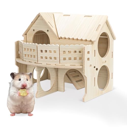 Wooden Hamster House with Balcony, Small Animal Habitat Double-Decker Forest-Style Hut Chew Toys for Dwarf Hamsters, Gerbils, Small Pets (Hole Diameter 4 CM) - size: Hole Diameter 4 CM