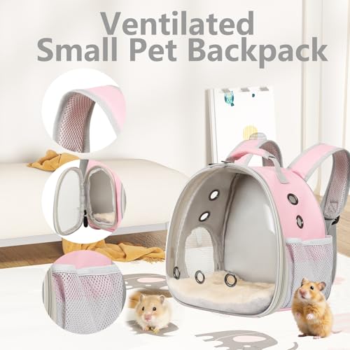 2-Pack Small Animal Backpack Carrier & Ceramic Hamster Hideout for Cooling Summer, Hamster House and Habitat Cool Bed for Other Similar-Size Small Pet Gerbil Rat Chinchilla - color: Pink