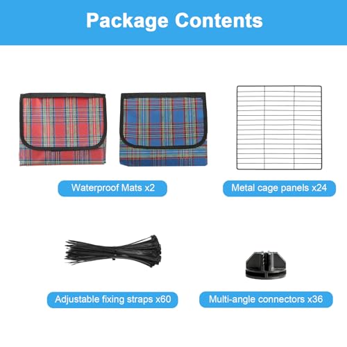 C&C Cage for Guinea Pigs, 24-Panel Playpen with Waterproof Mats | 12 x 12 in, 2 Red and Blue Waterproof Mats, 60 Cable Ties, 36 Connectors, DIY Cage Shapes, Guinea Pigs - style: 24 Panels