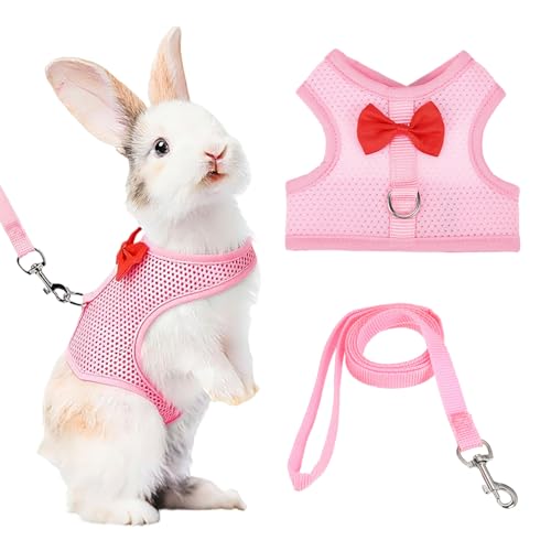 Rabbit Harness and Leash, Small Pet Cute Vest Harness Leash Soft Adjustable Buckle Breathable Mesh (M, Pink) for Bunny Kitten Small Pig Puppies Camping Hiking Training - color: Pink, size: M