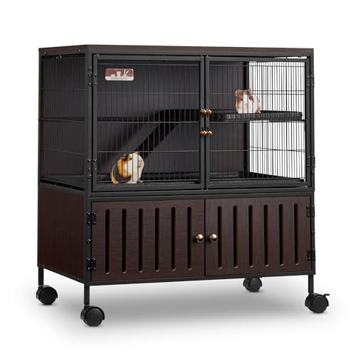 HABUTWAY 36.5''H Metal Large Ferret Cage, Rolling Chinchilla Cage with Removable Ramps& Double Door, with Locker, Small Animal Cage, Rat Indoor Wooden Pet Crate Furniture
