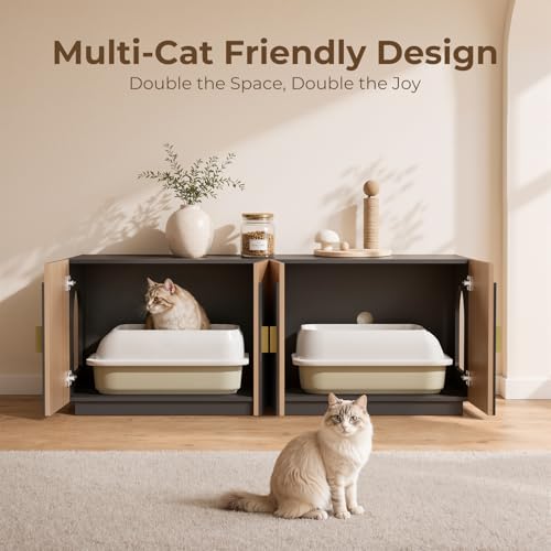 Amunrbrek Double Cat Litter Box Enclosure Furniture with Optional Divider - color: Black and Natural Double