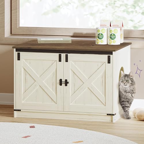Hzuaneri Cat Litter Box Enclosure, Hidden Litter Box Furniture with Divider | Wooden Cat Cabinet with Removable Dividers, Reversible Entrance Left or Right Side, Cat Washroom, Rustic White Brown CB84614X - color: Rustic White and Brown, size: 31.5"L x 21.