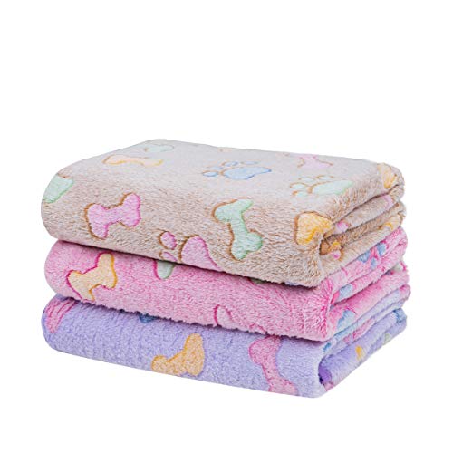 Dono 1 Pack 3 Dog Blankets, Soft Fluffy Fleece Pet Blanket Warm Sleep Mat Paw Print Design Puppy Kitten Throw Blanket Doggy Mat, Blanket for Dogs - color: Brown/Pink/Purple, size: Medium(30*20")