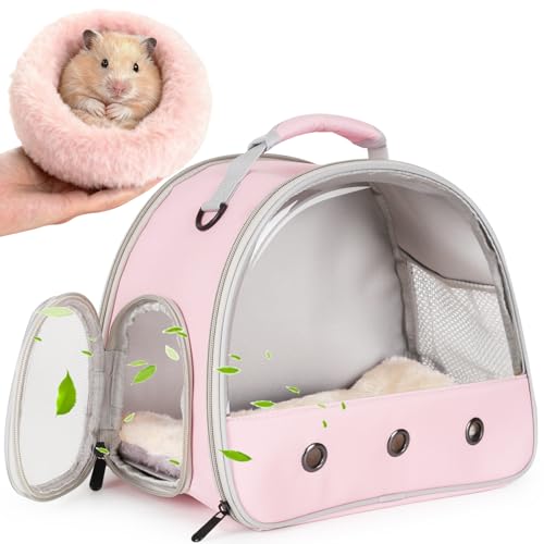 2-Pack Guinea Pig Carrier and Burrowing Bed, Portable Small Animal Cage with Clear Window, Plush and Fluffy Hideaway Pet Bed for Piggies, Hamster - color: Pink
