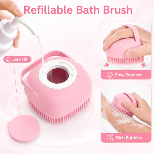 Dog and Cat Bath Brush with Shampoo Dispenser, Silicone Pet Grooming Brush for Dogs Cats, Soft Massage Scrubber for Bath, Easy Clean Ergonomic Pet Shower Brush for Small Medium Pets Pink - color: Pink