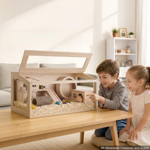 VEVOR Wooden Hamster Cage 31.9"x16.1"x16.1" 270° Viewing Hamster Habitat, Chewproof Acrylic Small Animal Cage with Openable Top, Large Pet Enclosure for Syrian/Dwarf Hamsters, Guinea Pigs & Gerbils - size: 31.9"L x 16.1"W x 16.1"H