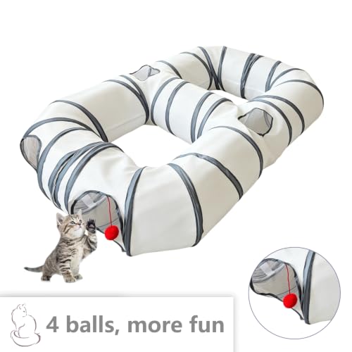 8-Shaped Cat Tunnel Toy Interactive Foldable Playhouse Maze Toys for Cats, Kittens, Rabbits & Small Pets with Playing Balls Collapsible Play Tube for Indoor Fun & Exercise (White) - color: White