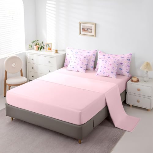 Erosebridal Girls Butterfly Bed in A Bag 7 Pcs Colorful Floral Butterfly Comforter Set for Kids Teens Cute Botanical Flowers Bedding Sets Queen Pink Fairy Princess Style Sheet Set with Comforter - color: Pink, size: Queen