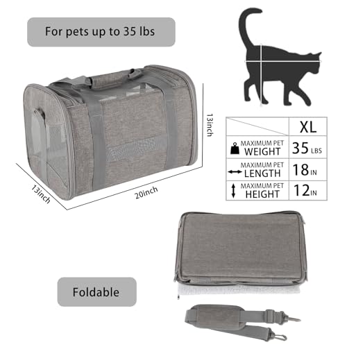Cat Carrying Case - Pet Carrier Airline Approved, Protable and Breathable Pet Travel Carrier Removable Fleece Pad, Collapsible Cat Carrier Dog Carrier for Medium Cats Small Cats Dogs (X-Large, Grey) - color: grey, size: 20.0"L x 13.0"W x 13.0"H