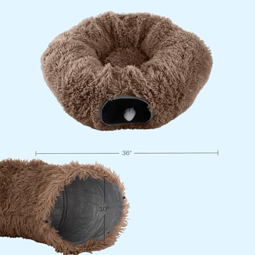 Cat Tunnel with Bed for Indoor Cats - 3FT Multifunctional Cat Tunnel Bed with Toys - Soft, Plush Peekaboo Cat Cave for Kittens, Cats, Ferrets, and Rabbits - Cat Products by PETMAKER (Brown)